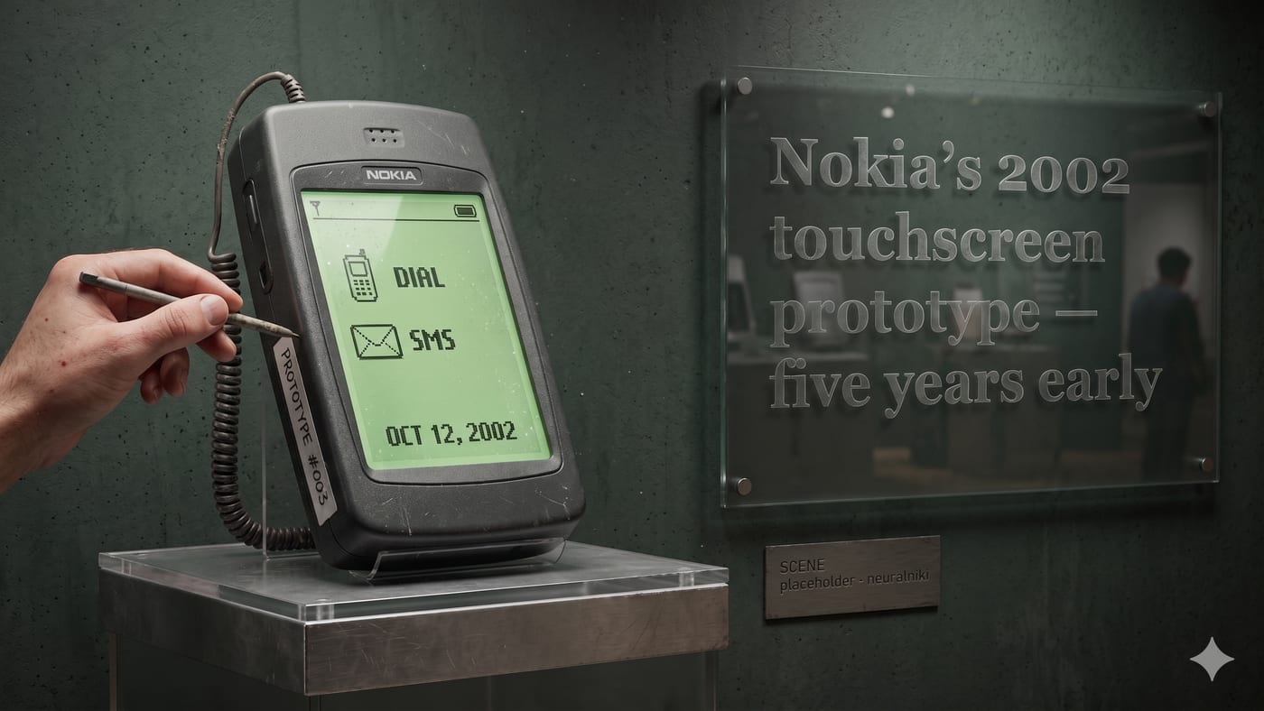 A concept render of Nokia's early-2000s touchscreen prototype displayed on a museum plinth.
